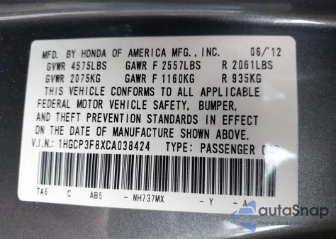 2012 Honda Accord 3.5 Ex-L from USA, damaged, VIN 1HGCP3F8XCA038424
